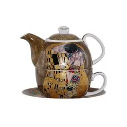 Комплект чаша с чинийка и чайник за чай Целувката на Густав климт
