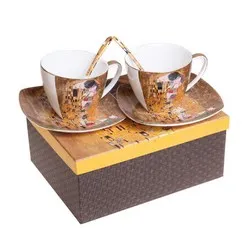 Две чаши за кафе с лъжичка в подаръчна кутия Целувката ма Густав Климт