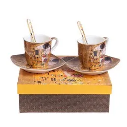 Сервиз от две чаши с чинийки и лъжички за кафе Целувката на Густав Климт