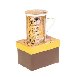 Чаша за чай с порцеланова цедка и капаче Целувката на Густав Климт