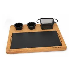 Комплект за сервиране дъска каменна плоча два рамекина и кошничка за чипс