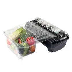 Машина за пакетиране на храни със стреч фолио и поставяне на етикети