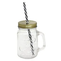 Буркана със сламла и метална капачка за коктейли 500 мл